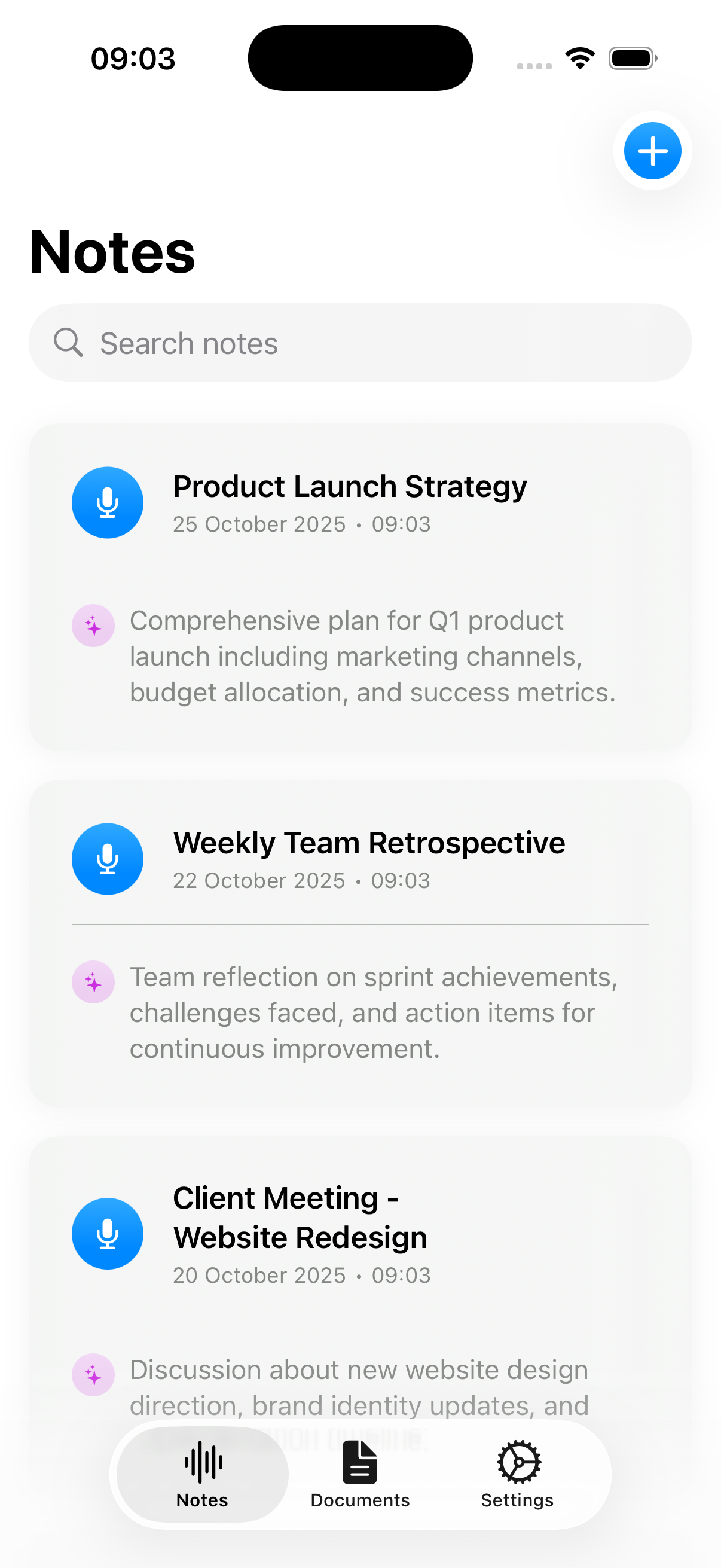 Inscribe note details showing AI summaries, transcription, and Q&A features