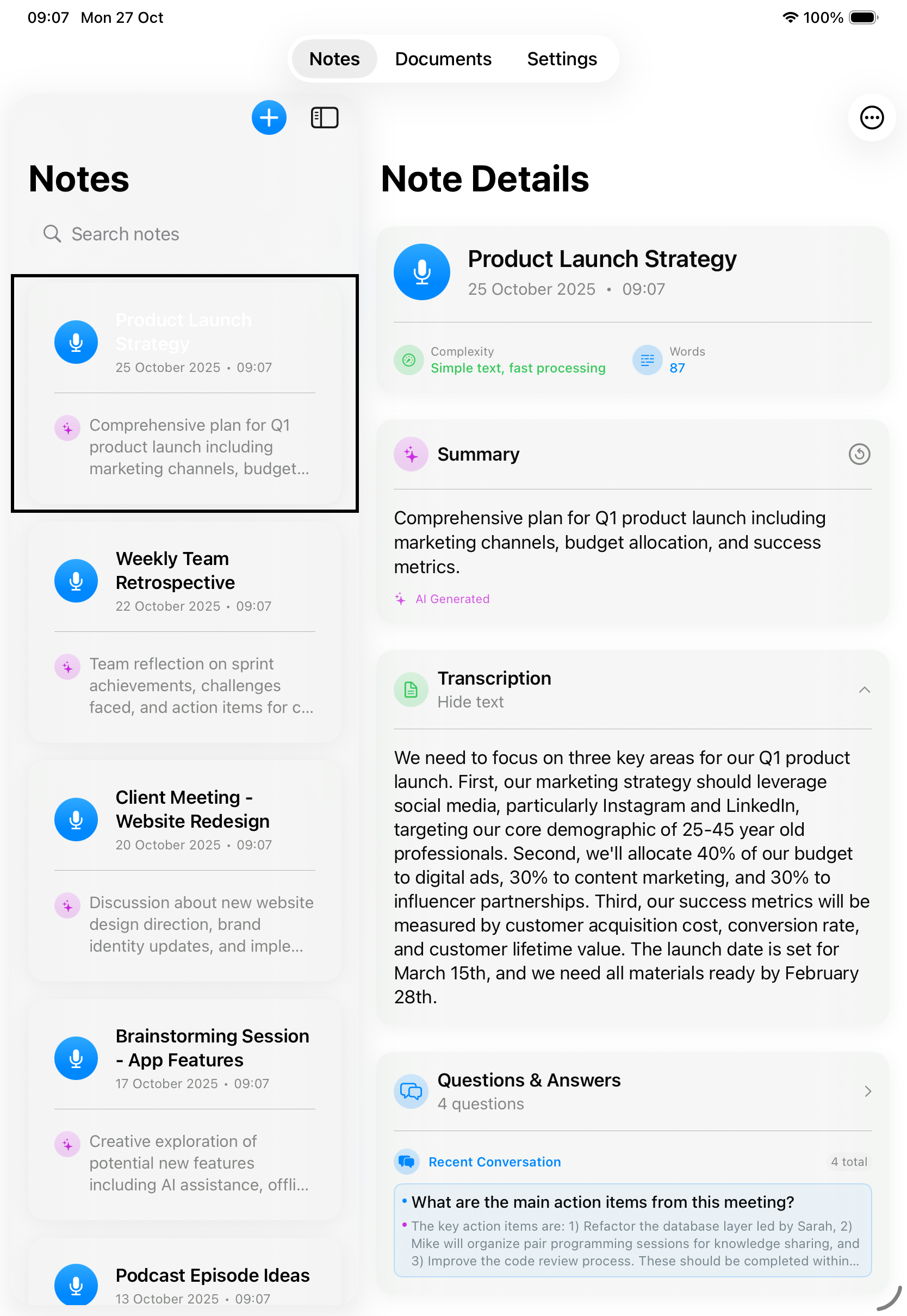iPad Pro view showing split-screen note details with full document text