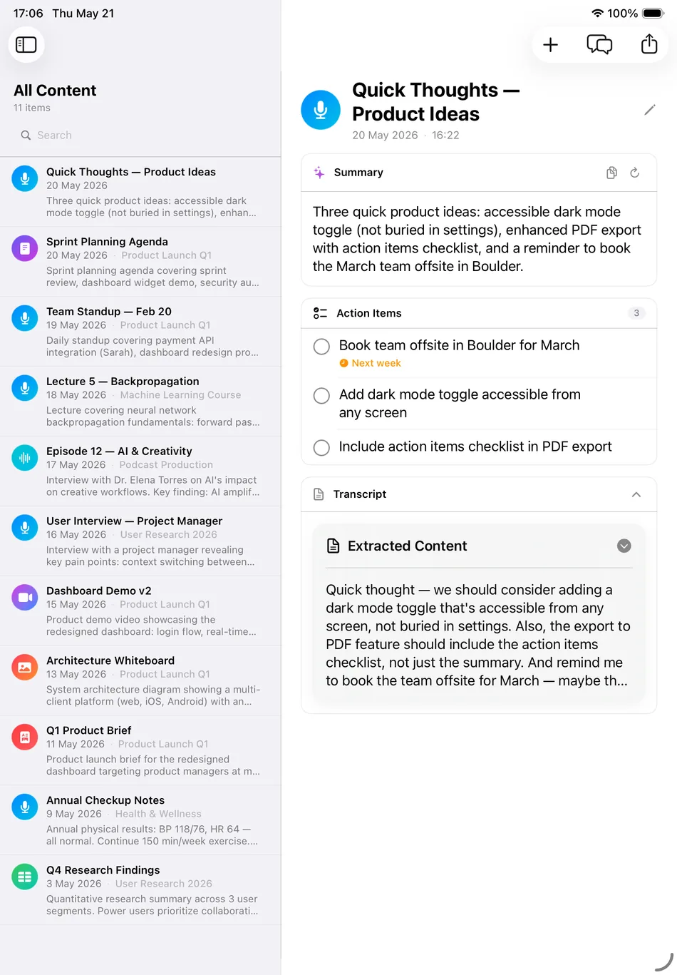 Inscribe iPad content list and note detail in split view