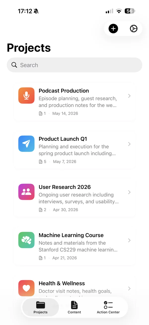 Inscribe iPhone Projects screen
